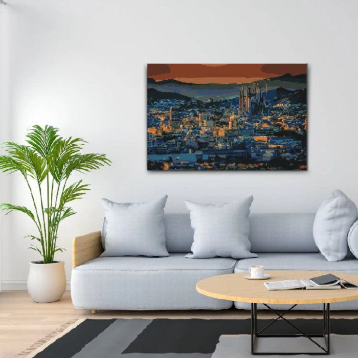 Paint by Numbers Barcelona – målning med färgstarka hus och stadsvy