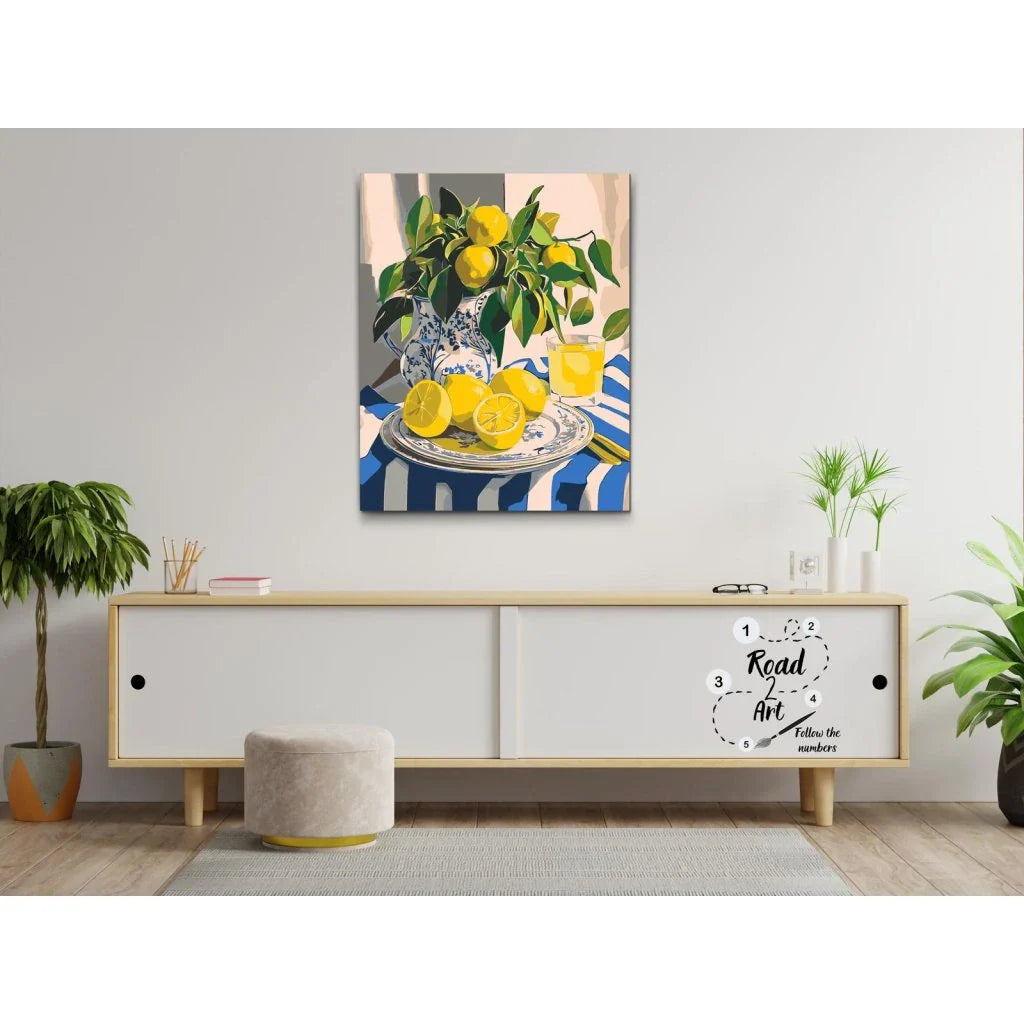 Somrigt motiv med citroner och juice – paint by numbers tavla