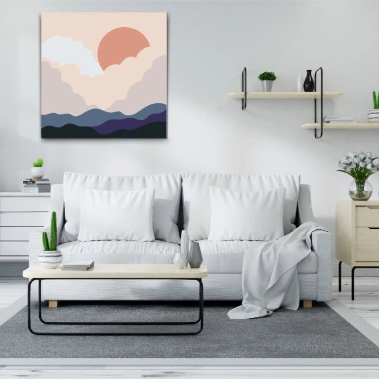 Paint by Numbers – Stillhet vid Horisonten med pastellfärgade berg