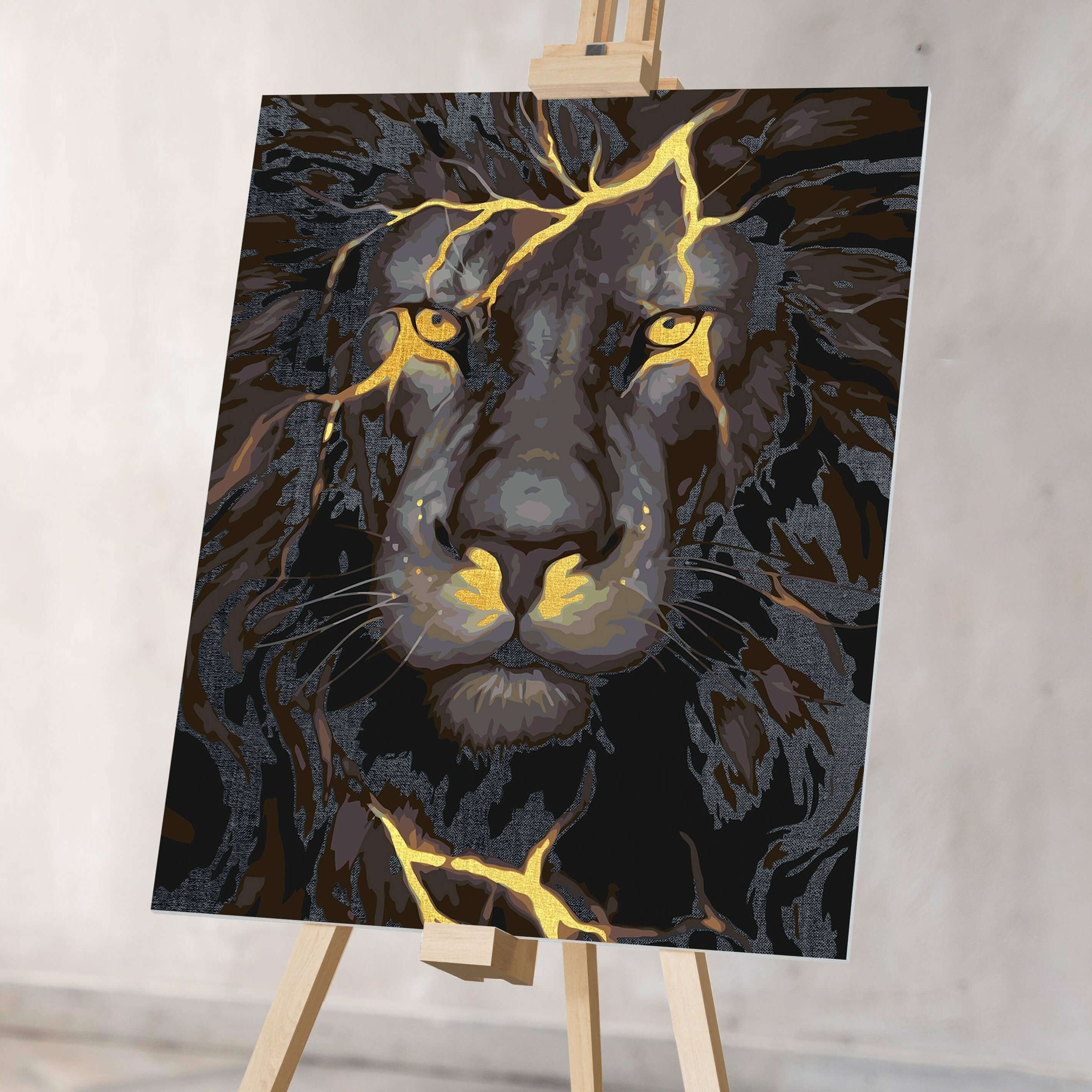 Lejonmotiv med gula blixtar – kreativ konst för vuxna