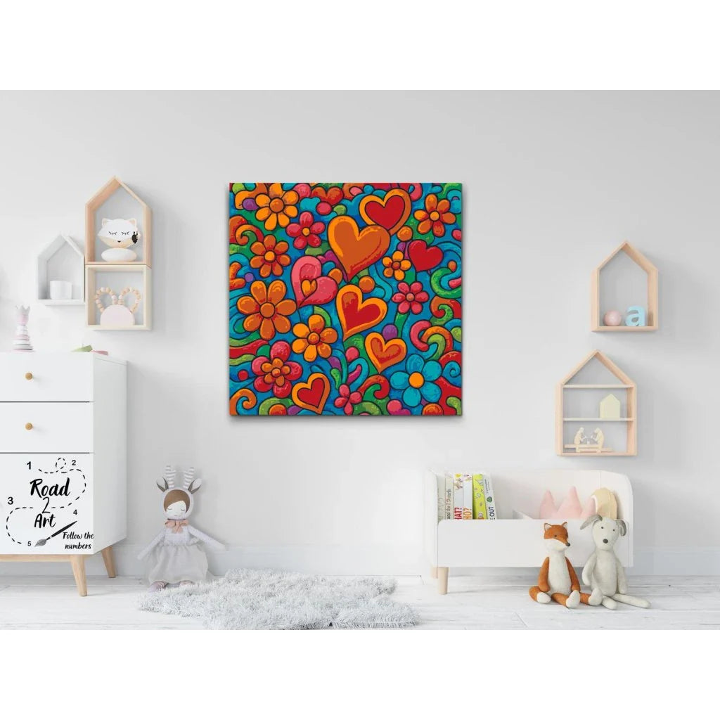 Hjärtan och blommor – färgglad Paint By Numbers tavla