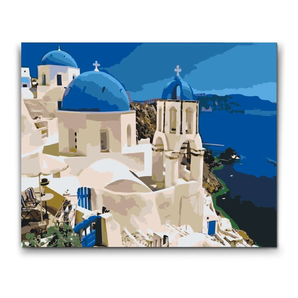 santorini grekland paint by numbers med blå kupoler och havsutsikt