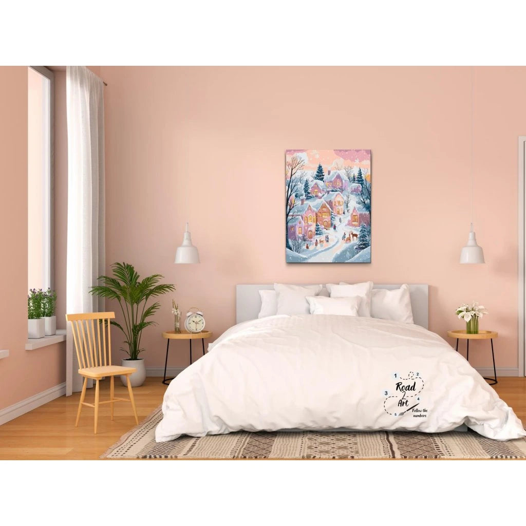 Vintermålning med rosa hus och snötäckta granar – måla efter nummer