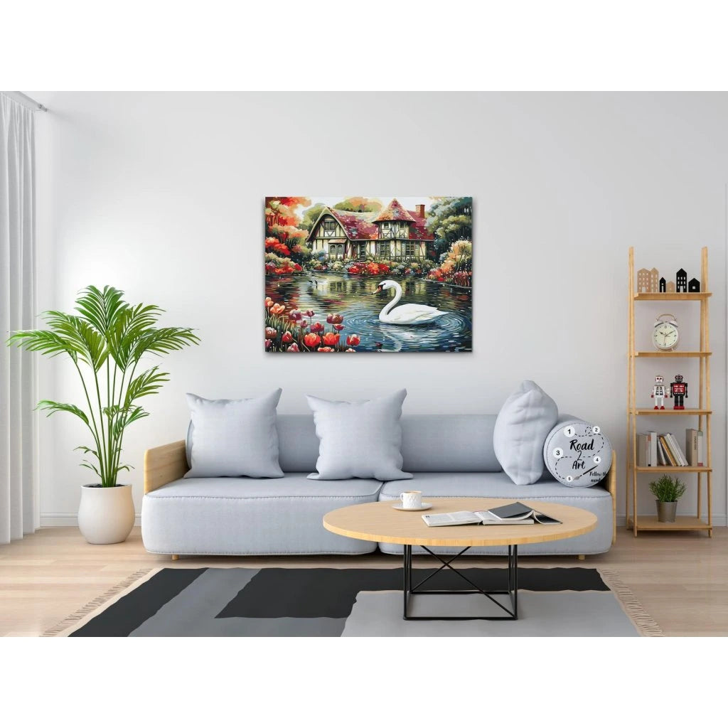 romantisk landskapstavla med vatten, stuga och svan