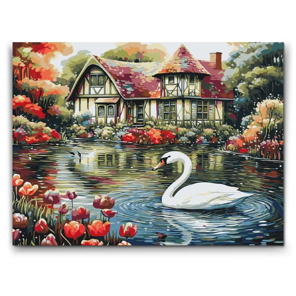måla stuga vid sjö med svan och blommor paint by numbers