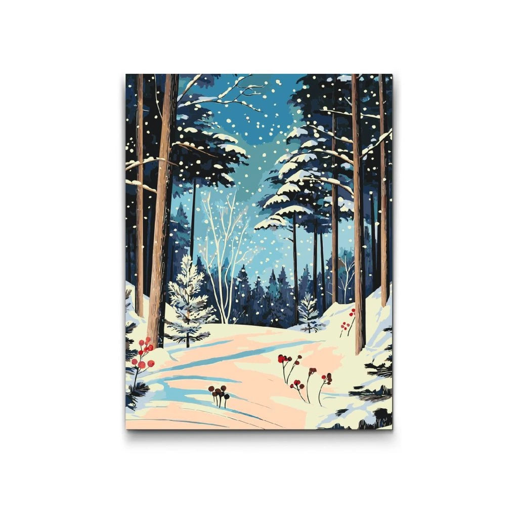 måla efter nummer vinterlandskap med snö, granar och blå himmel