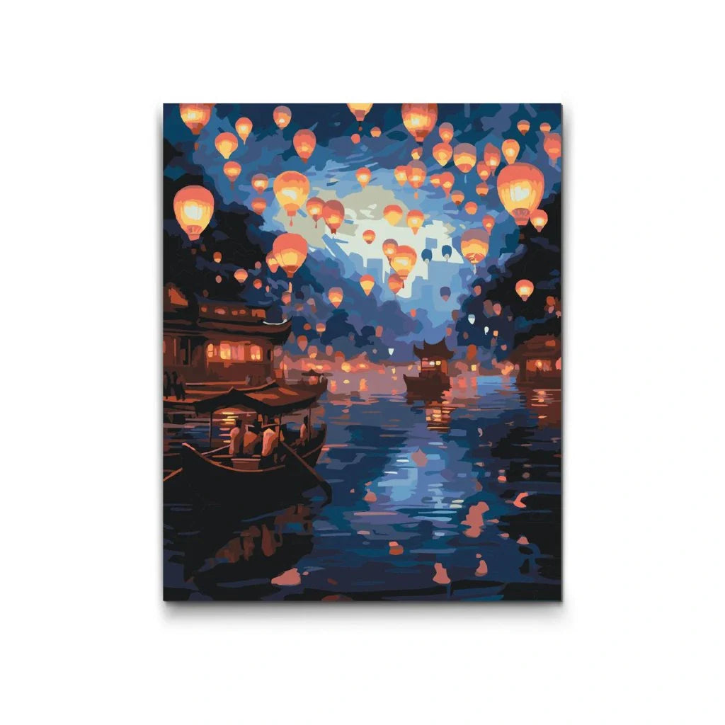 Lyktor i natten – Paint By Numbers motiv med flytande lyktor