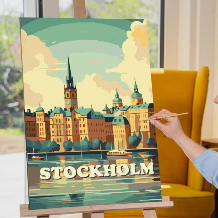 Stockholm Paint by Numbers – svensk stadssilhuett med segelbåt