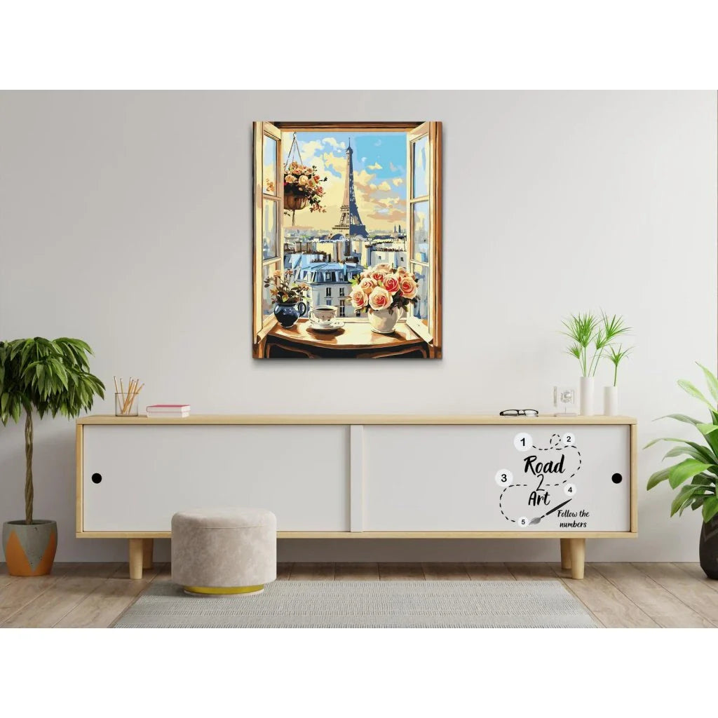 Romantisk Parisvy med blommor och kaffe – paint by numbers motiv