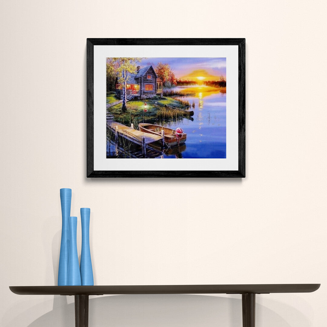 måla solnedgång vid sjö