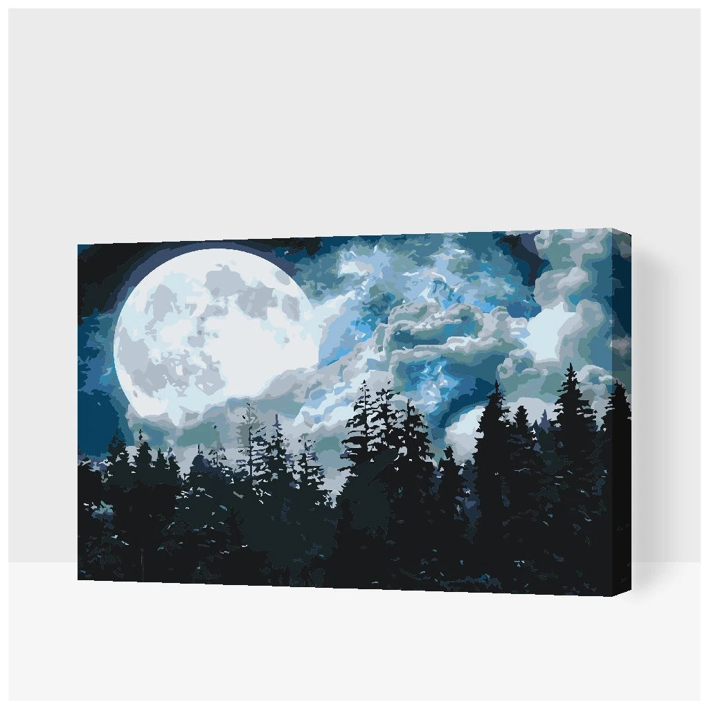 Paint by Numbers fullmåne över skog – mystiskt landskap i natten

