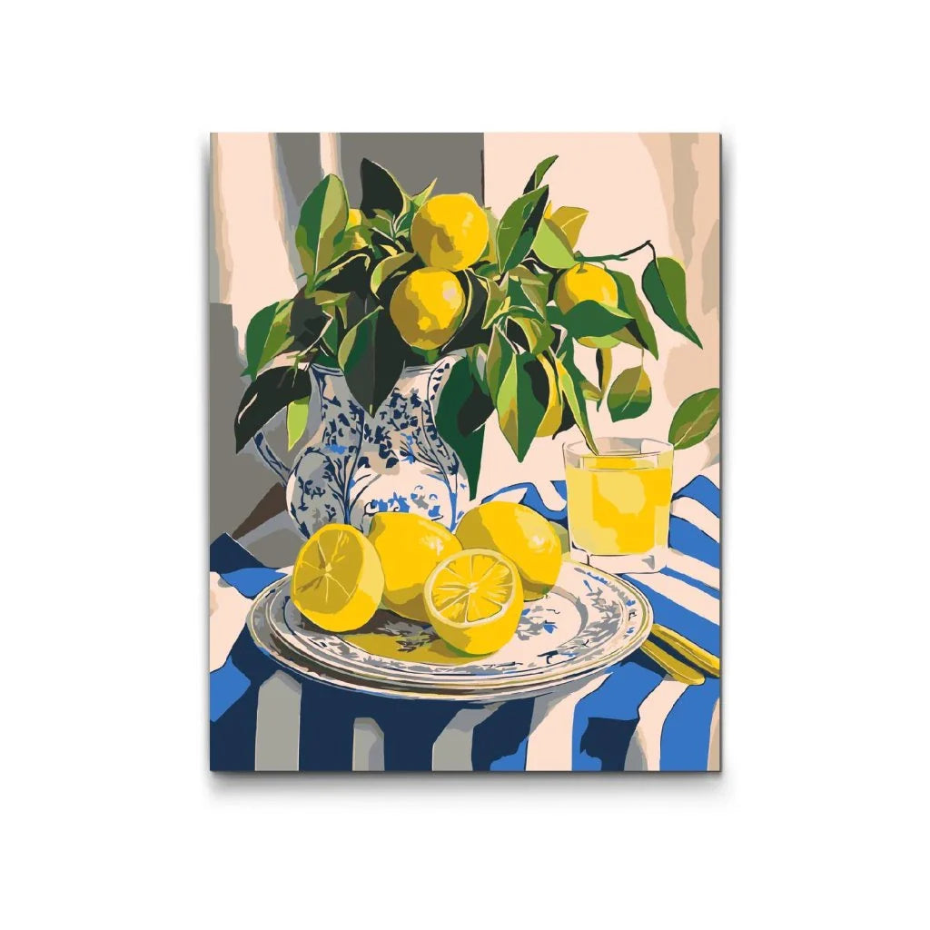 Citroner på bord i blåvit vas – Paint By Numbers kit