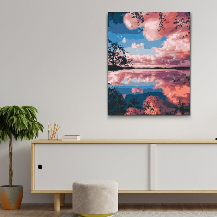 målning med rosa solnedgång

