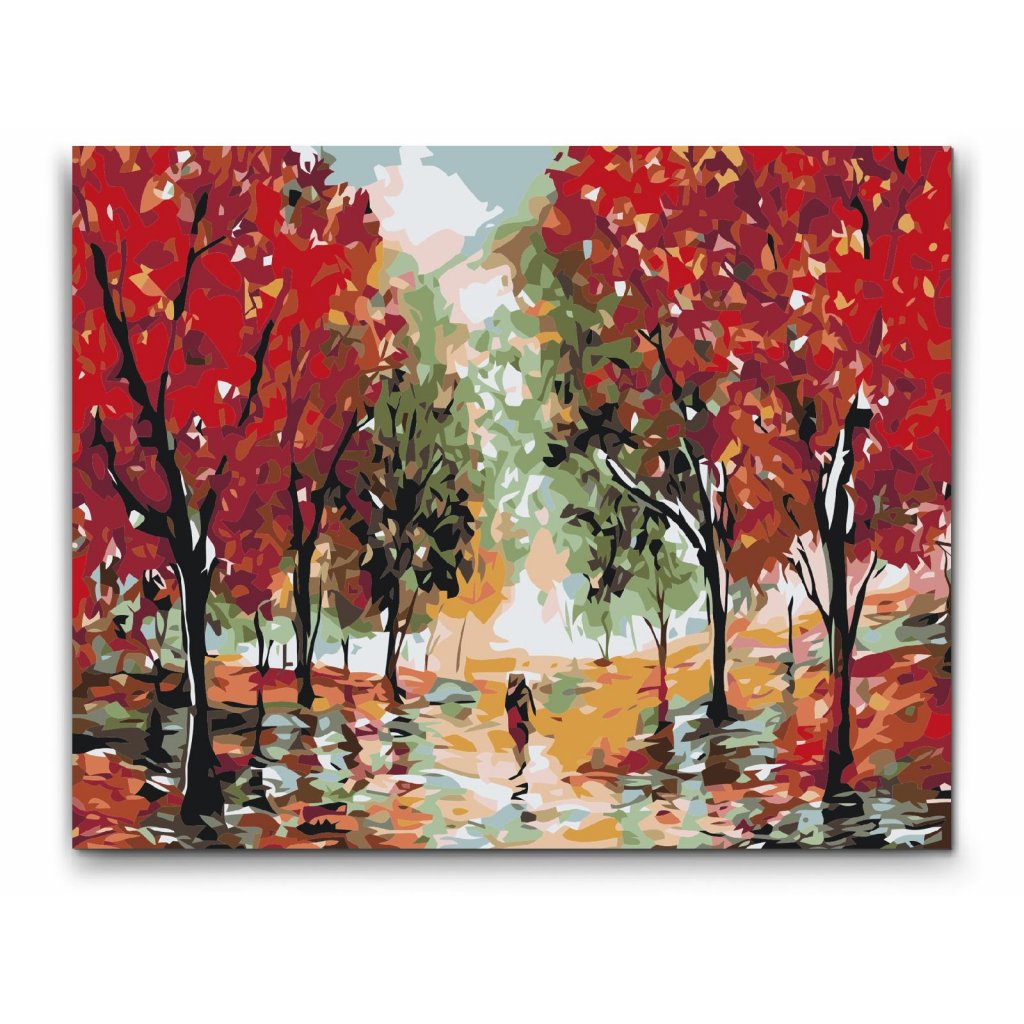 Paint by Numbers höstmotiv med röda träd


