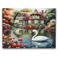 måla stuga vid sjö med svan och blommor paint by numbers