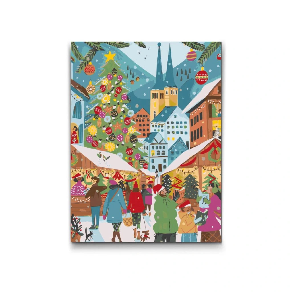 Paint-by-numbers julmarknad med julgran, människor och snötäckta hus