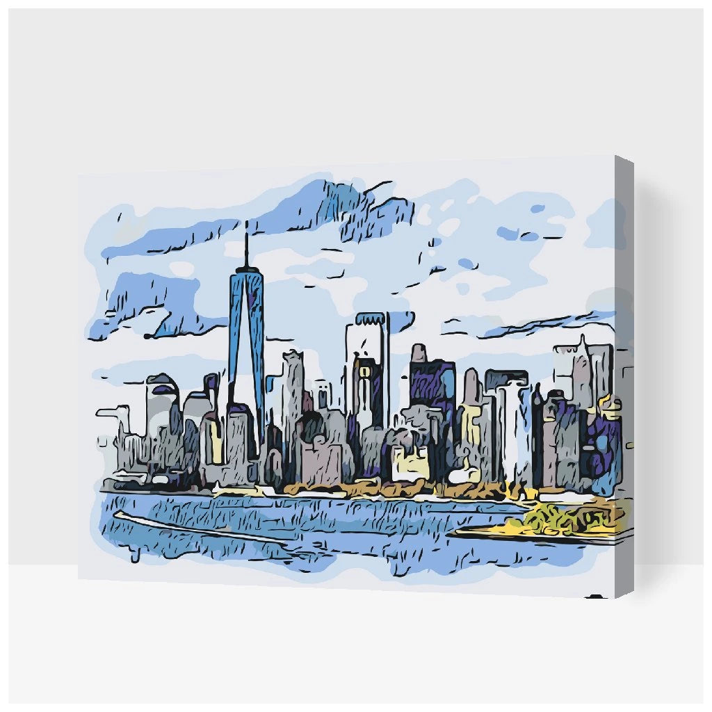 Paint by Numbers New York – målning av stadssiluetten med blå himmel

