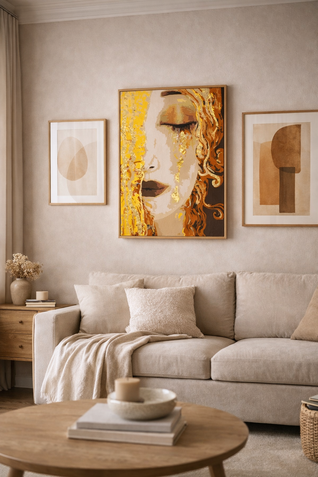Modern kvinna porträtt måla efter nummer tavla i stilrent vardagsrum med beige inredning